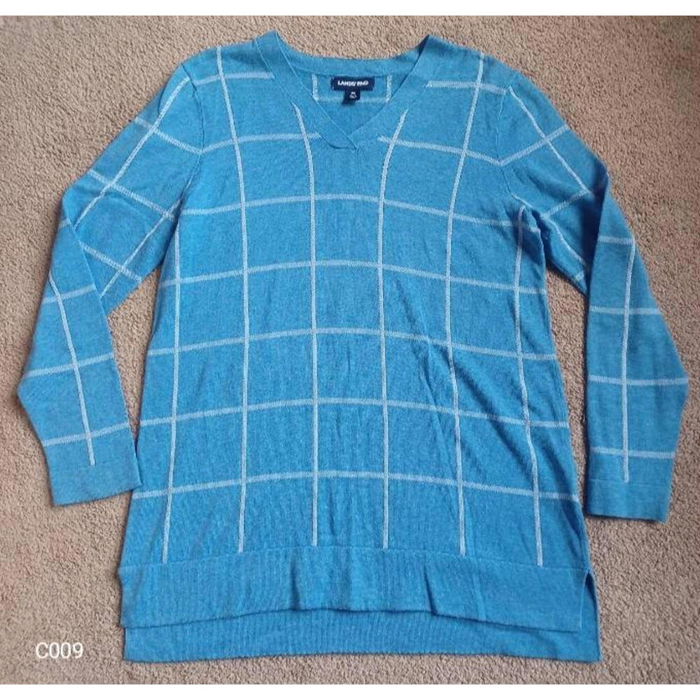 Lands End‎ Plaid Split Hem Sweater Womens M 10-12 V-Neck Blue Nautical Check